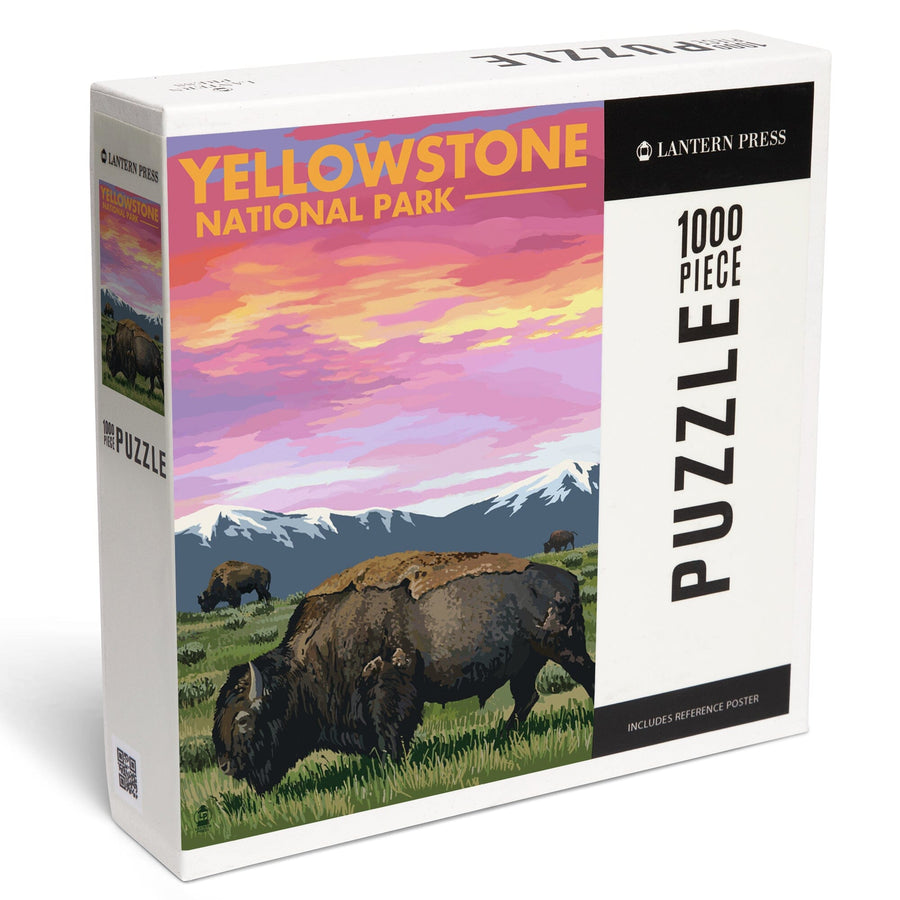 Yellowstone National Park, Wyoming, Bison and Sunset, Jigsaw Puzzle Puzzle Lantern Press 