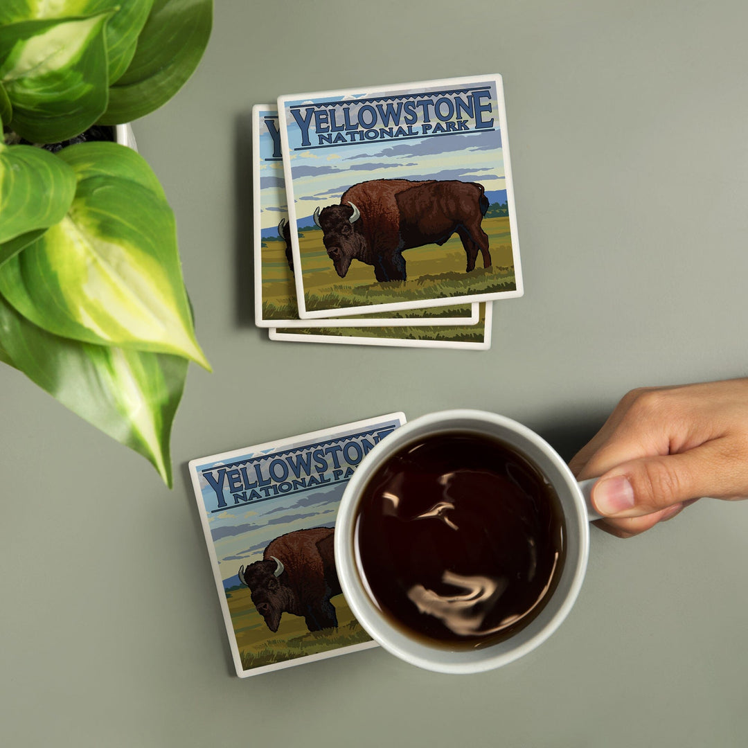 Yellowstone National Park, Wyoming, Bison in Field Scene, Coasters Coasters Lantern Press 