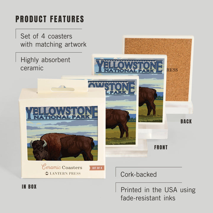 Yellowstone National Park, Wyoming, Bison in Field Scene, Coasters Coasters Lantern Press 