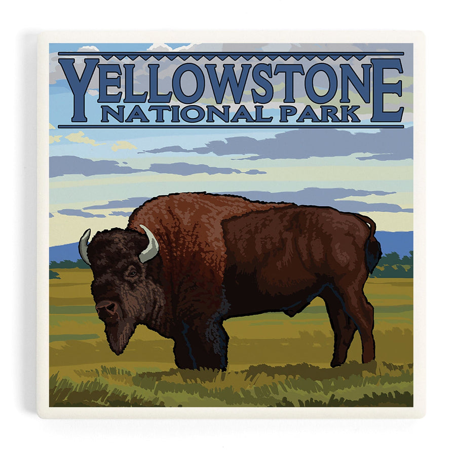 Yellowstone National Park, Wyoming, Bison in Field Scene, Coasters Coasters Lantern Press 