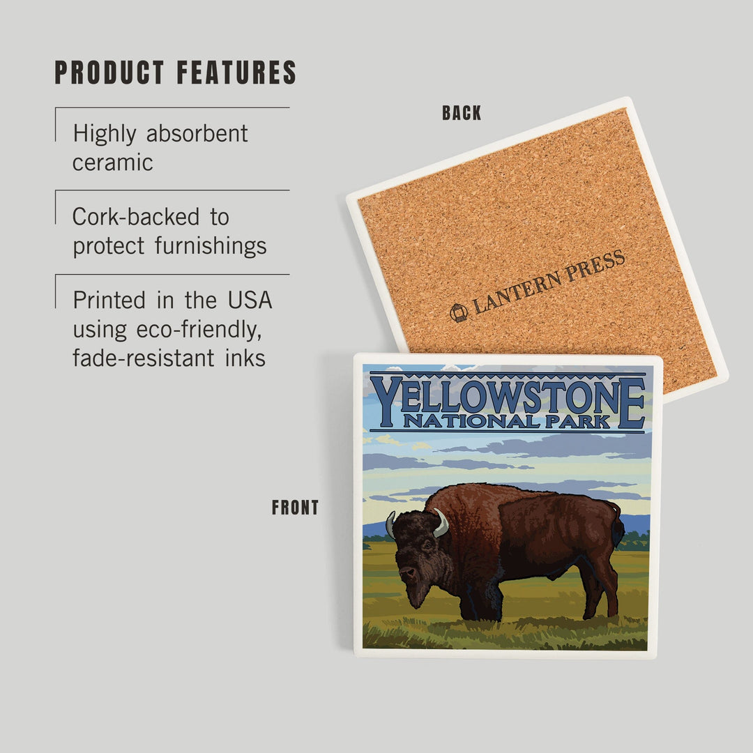 Yellowstone National Park, Wyoming, Bison in Field Scene, Coasters Coasters Lantern Press 