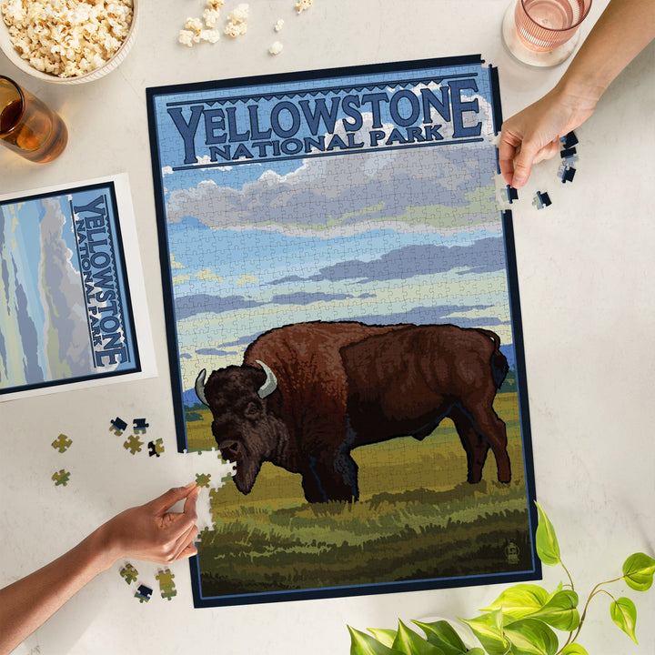 Yellowstone National Park, Wyoming, Bison in Field Scene, Jigsaw Puzzle Puzzle Lantern Press 