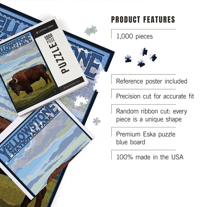 Yellowstone National Park, Wyoming, Bison in Field Scene, Jigsaw Puzzle Puzzle Lantern Press 