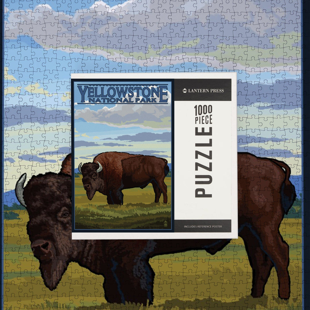 Yellowstone National Park, Wyoming, Bison in Field Scene, Jigsaw Puzzle Puzzle Lantern Press 