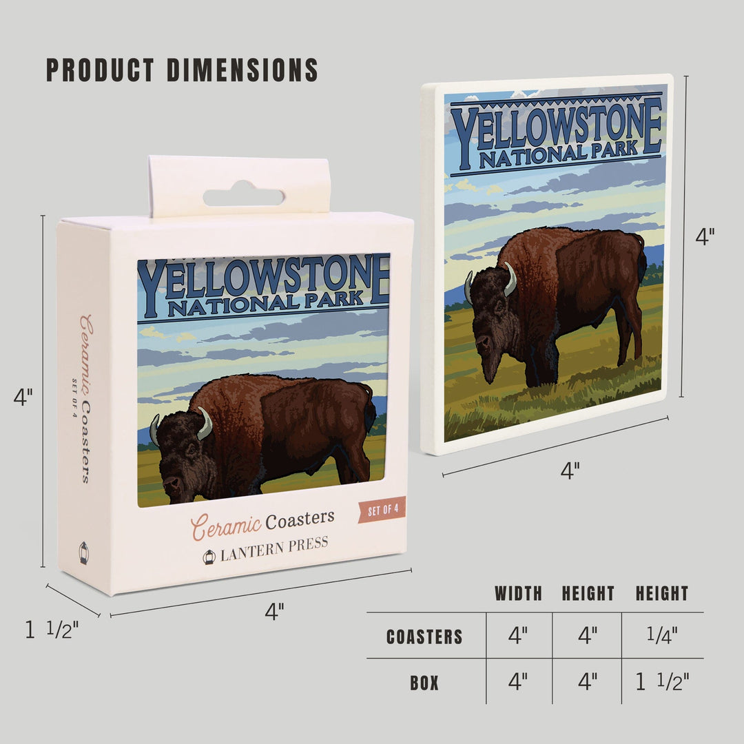 Yellowstone National Park, Wyoming, Bison in Field Scene, Lantern Press Artwork, Coaster Set Coasters Lantern Press 