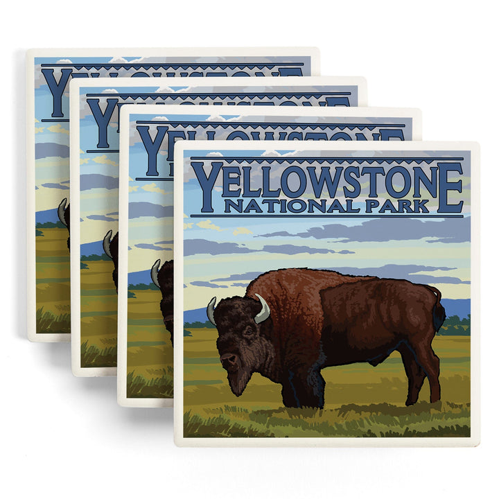 Yellowstone National Park, Wyoming, Bison in Field Scene, Lantern Press Artwork, Coaster Set Coasters Lantern Press 