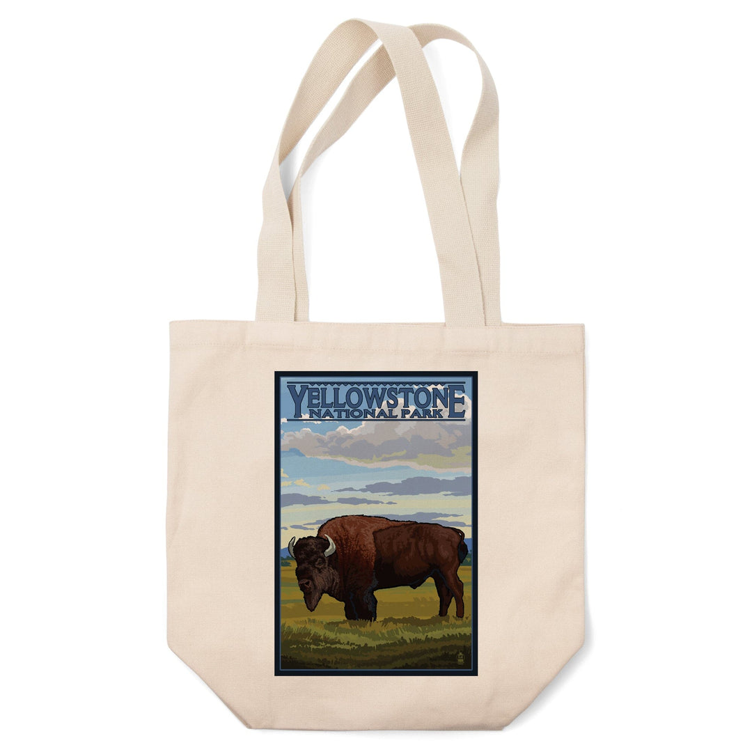 Yellowstone National Park, Wyoming, Bison in Field Scene, Lantern Press Artwork, Tote Bag Totes Lantern Press 