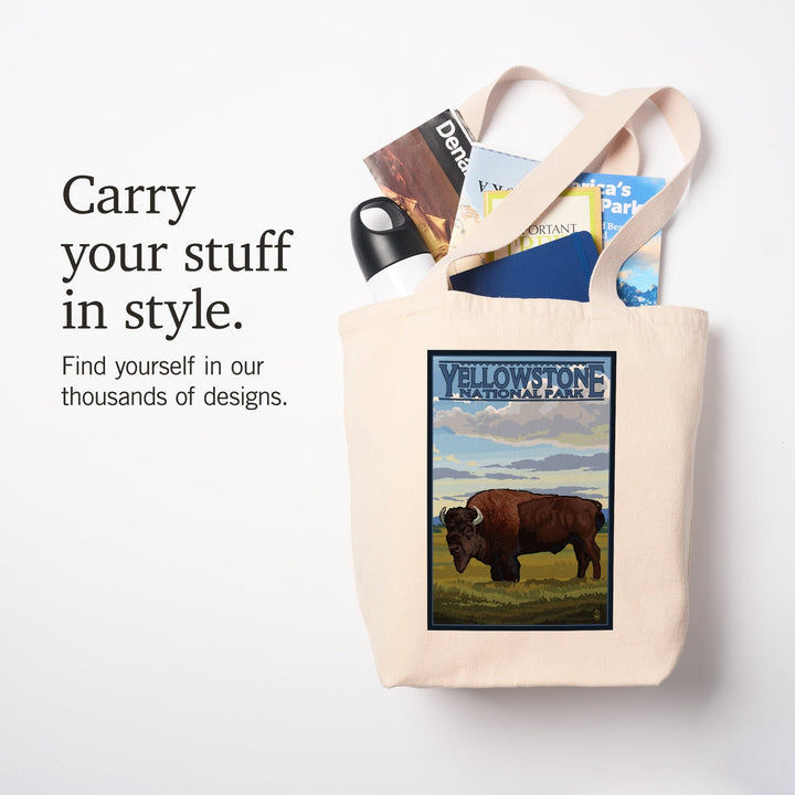Yellowstone National Park, Wyoming, Bison in Field Scene, Tote Bag Totes Lantern Press 