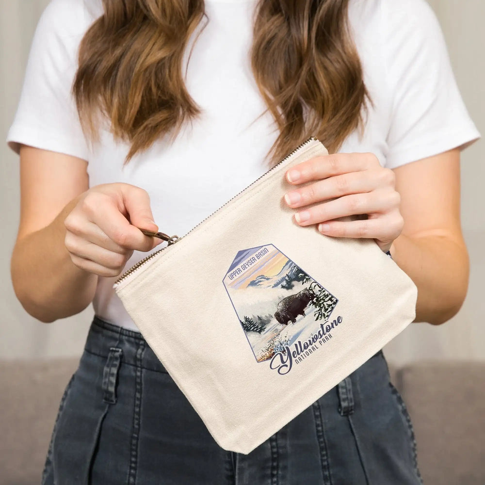 Yellowstone National Park, Wyoming, Bison in Snow, Upper Geyser Basin,, Organic Cotton Zipper Pouch, Go Bag Go Bag Lantern Press 