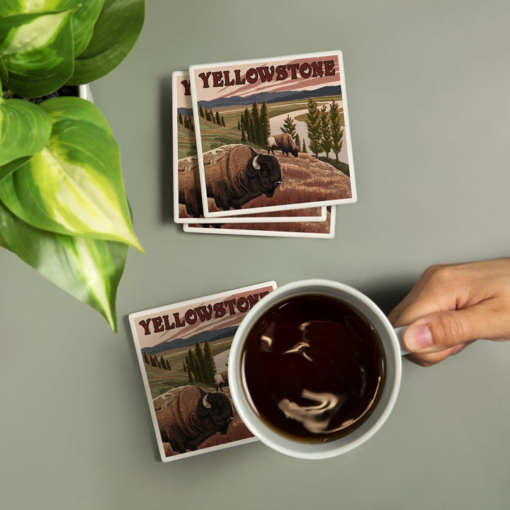 Yellowstone National Park, Wyoming, Bison Scene, Coasters Coasters Lantern Press 