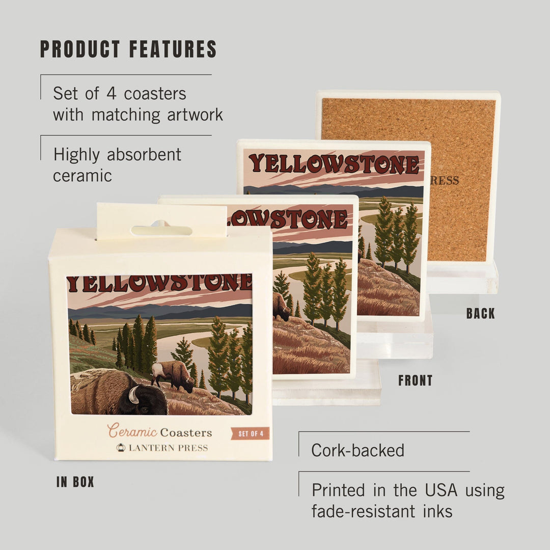 Yellowstone National Park, Wyoming, Bison Scene, Coasters Coasters Lantern Press 