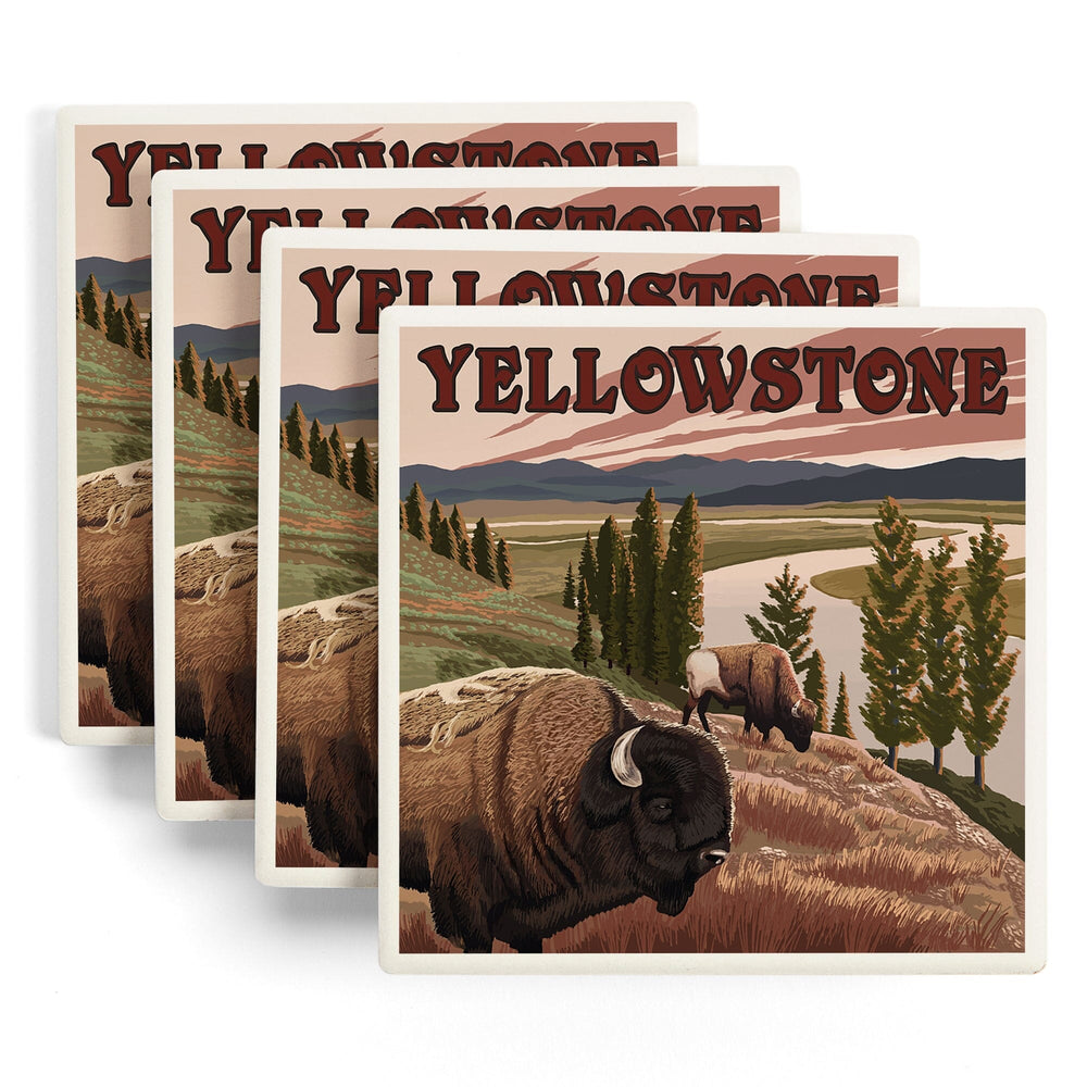 Yellowstone National Park, Wyoming, Bison Scene, Coasters Coasters Lantern Press 