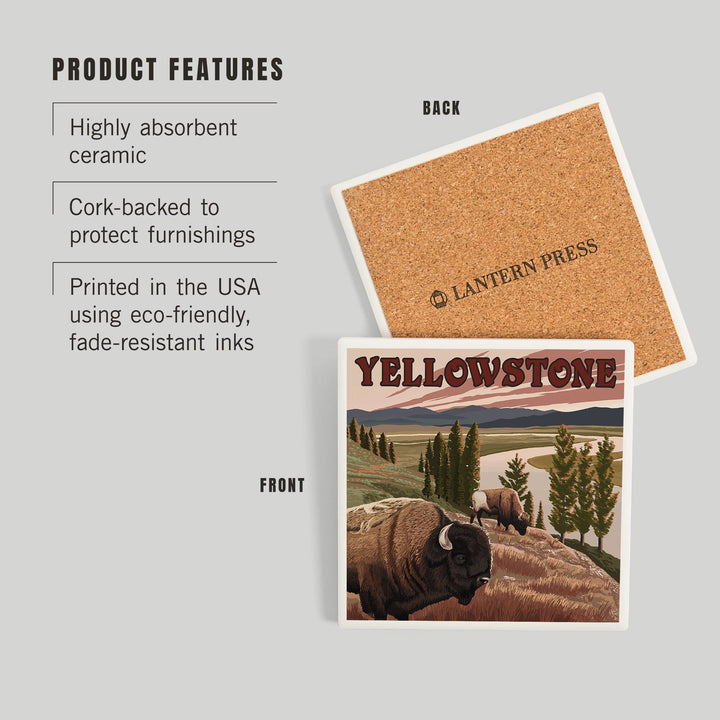 Yellowstone National Park, Wyoming, Bison Scene, Coasters Coasters Lantern Press 