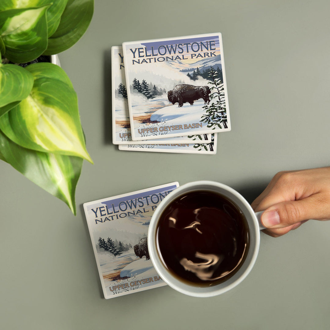 Yellowstone National Park, Wyoming, Bison Snow Scene, Coasters Coasters Lantern Press 