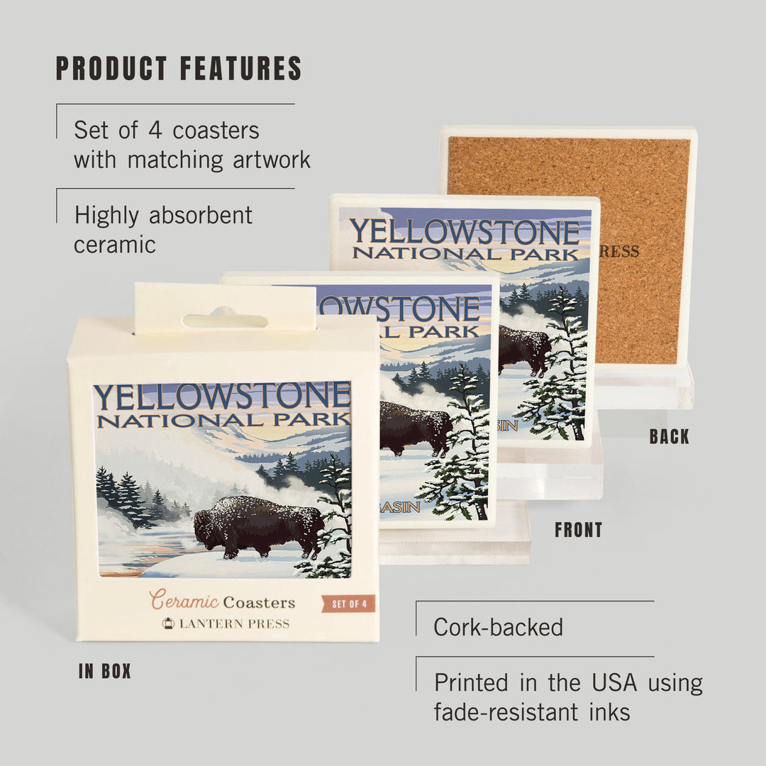 Yellowstone National Park, Wyoming, Bison Snow Scene, Lantern Press Artwork, Coaster Set Coasters Lantern Press 