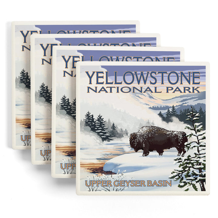 Yellowstone National Park, Wyoming, Bison Snow Scene, Lantern Press Artwork, Coaster Set Coasters Lantern Press 