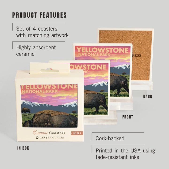 Yellowstone National Park, Wyoming, Bison & Sunset, Lantern Press Artwork, Coaster Set Coasters Lantern Press 