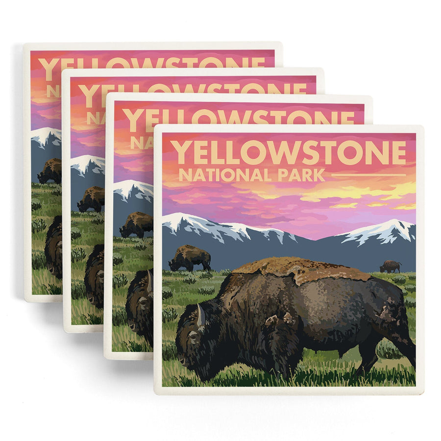 Yellowstone National Park, Wyoming, Bison & Sunset, Lantern Press Artwork, Coaster Set Coasters Lantern Press 