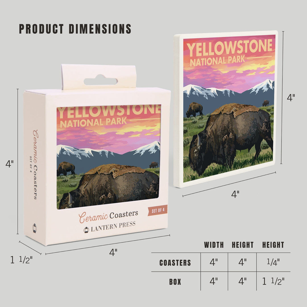 Yellowstone National Park, Wyoming, Bison & Sunset, Lantern Press Artwork, Coaster Set Coasters Lantern Press 