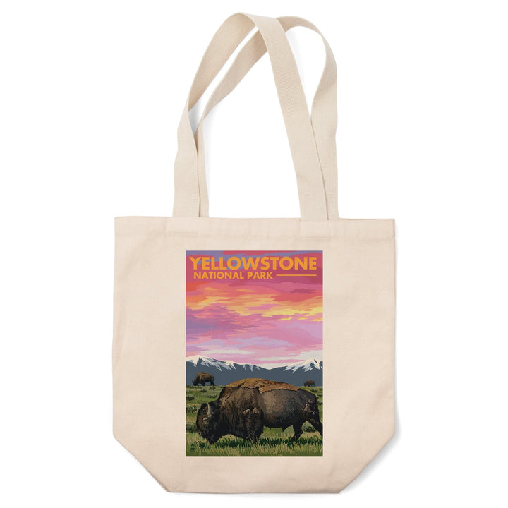 Yellowstone National Park, Wyoming, Bison & Sunset, Lantern Press Artwork, Tote Bag Totes Lantern Press 
