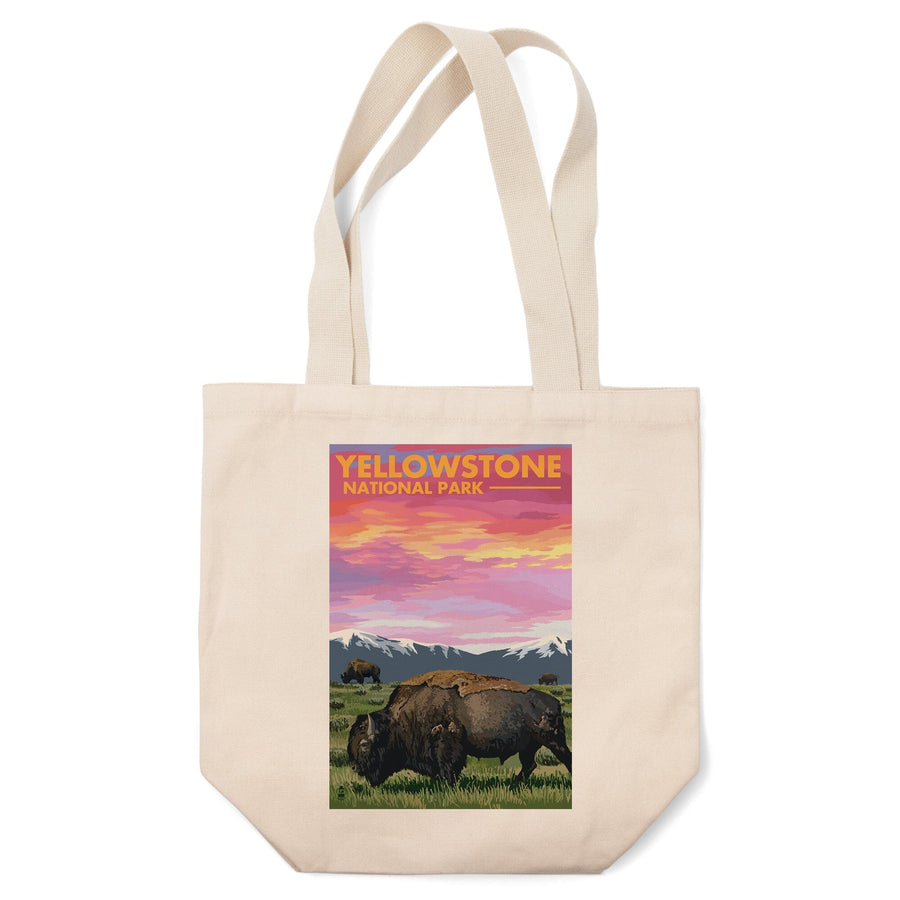 Yellowstone National Park, Wyoming, Bison & Sunset, Lantern Press Artwork, Tote Bag Totes Lantern Press 