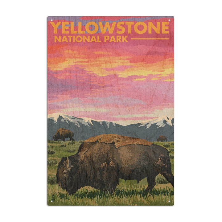 Yellowstone National Park, Wyoming, Bison & Sunset, Lantern Press Artwork, Wood Signs and Postcards Wood Lantern Press 10 x 15 Wood Sign 