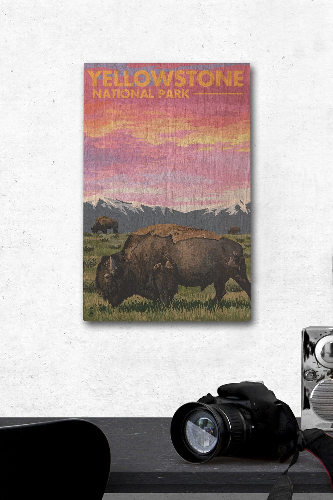 Yellowstone National Park, Wyoming, Bison & Sunset, Lantern Press Artwork, Wood Signs and Postcards Wood Lantern Press 12 x 18 Wood Gallery Print 