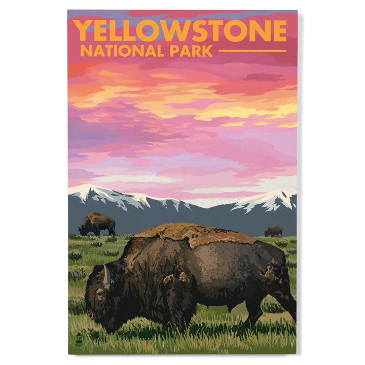 Yellowstone National Park, Wyoming, Bison & Sunset, Lantern Press Artwork, Wood Signs and Postcards Wood Lantern Press 