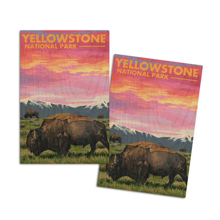 Yellowstone National Park, Wyoming, Bison & Sunset, Lantern Press Artwork, Wood Signs and Postcards Wood Lantern Press 4x6 Wood Postcard Set 