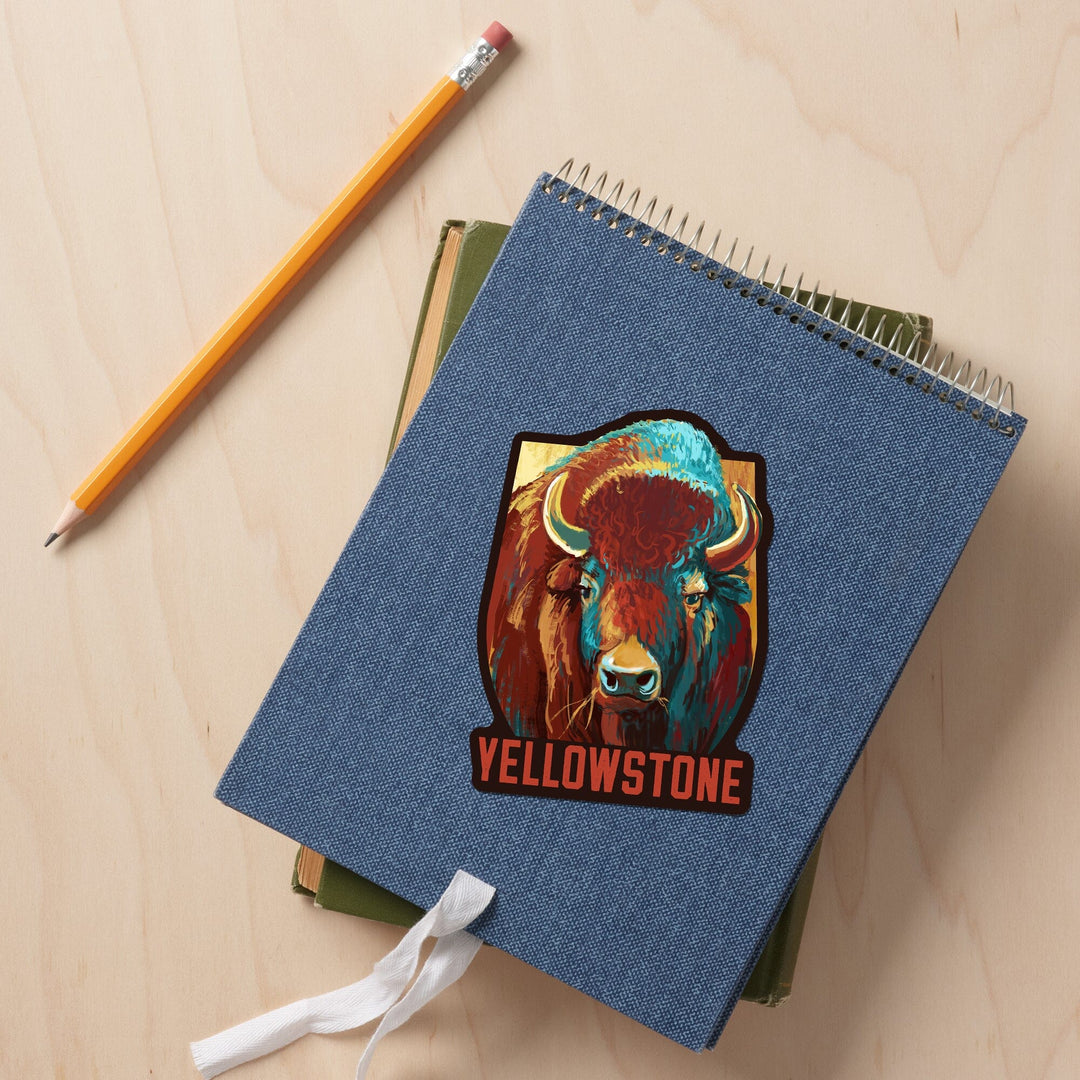 Yellowstone National Park, Wyoming, Bison, Vivid, Contour, Lantern Press Artwork, Vinyl Sticker Sticker Lantern Press 