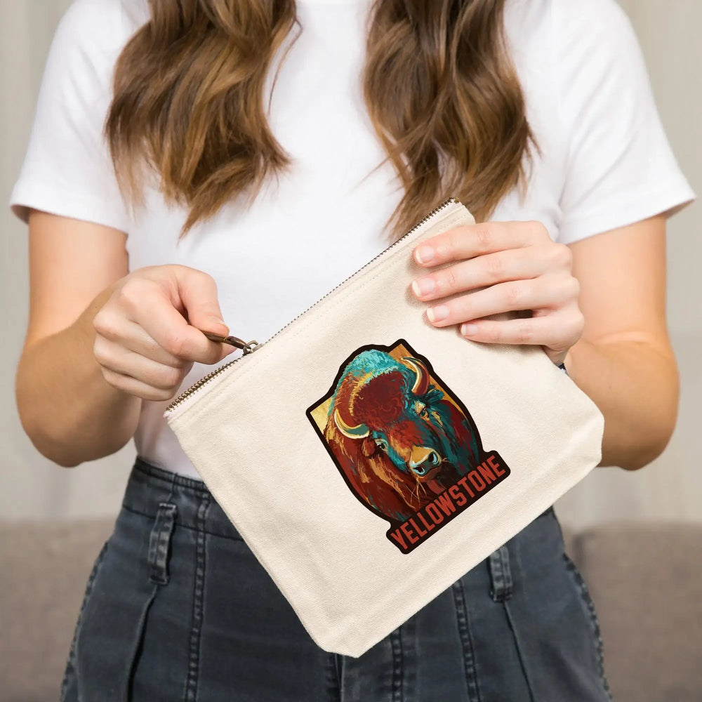 Yellowstone National Park, Wyoming, Bison, Vivid,, Organic Cotton Zipper Pouch, Go Bag Go Bag Lantern Press 