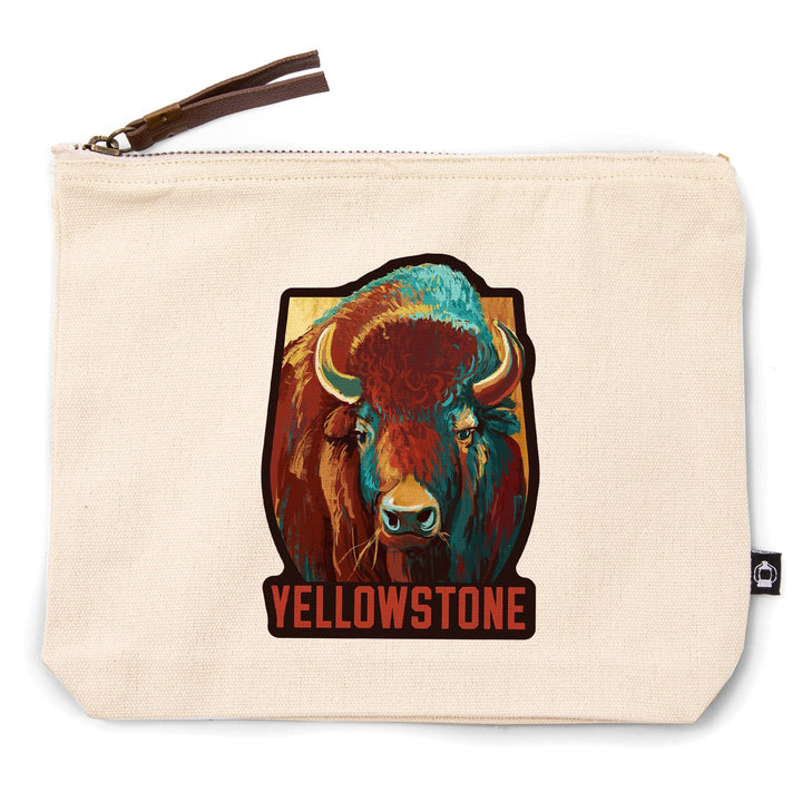 Yellowstone National Park, Wyoming, Bison, Vivid,, Organic Cotton Zipper Pouch, Go Bag Go Bag Lantern Press 
