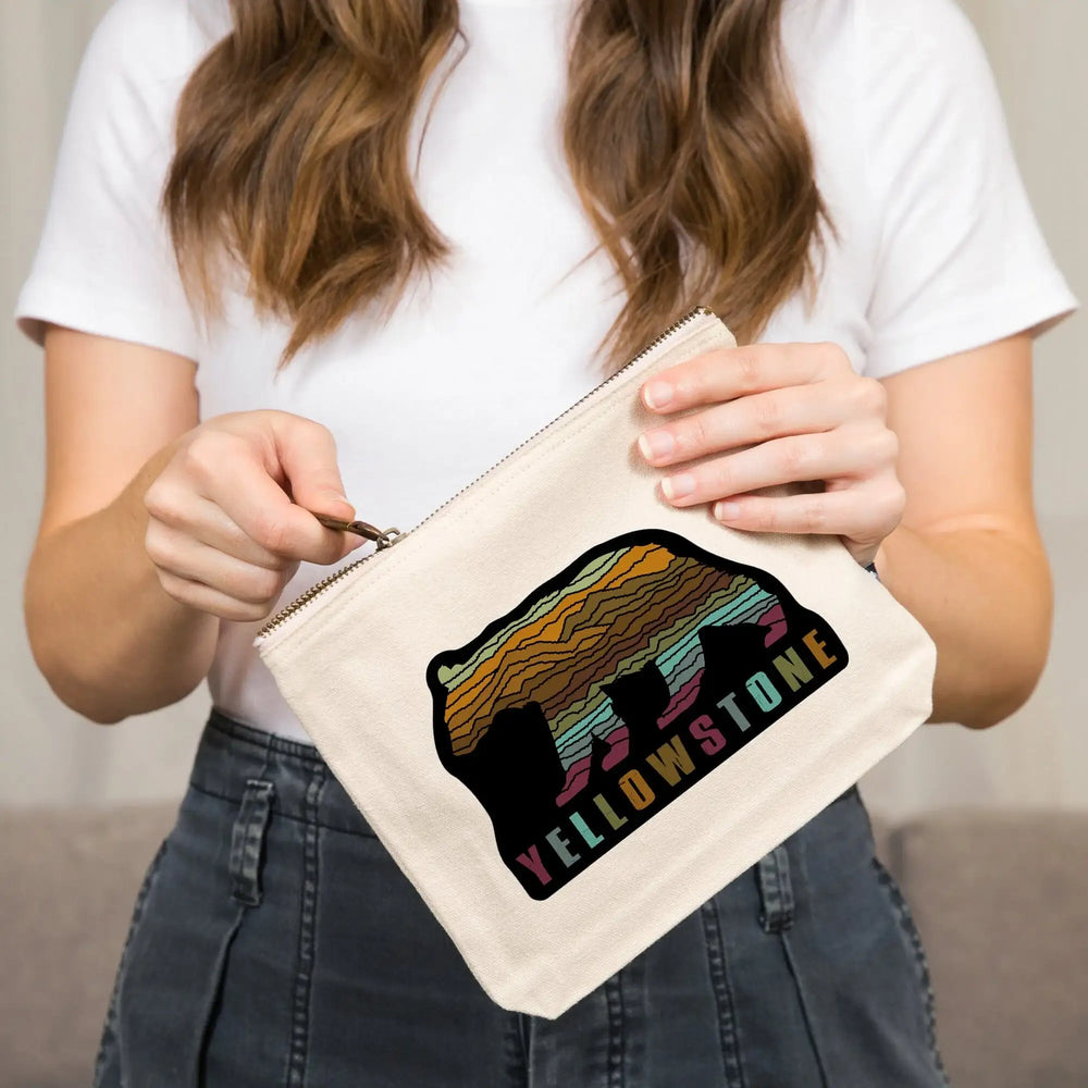 Yellowstone National Park, Wyoming, Black Bear, Abstract Mountain Scene,, Organic Cotton Zipper Pouch, Go Bag Go Bag Lantern Press 