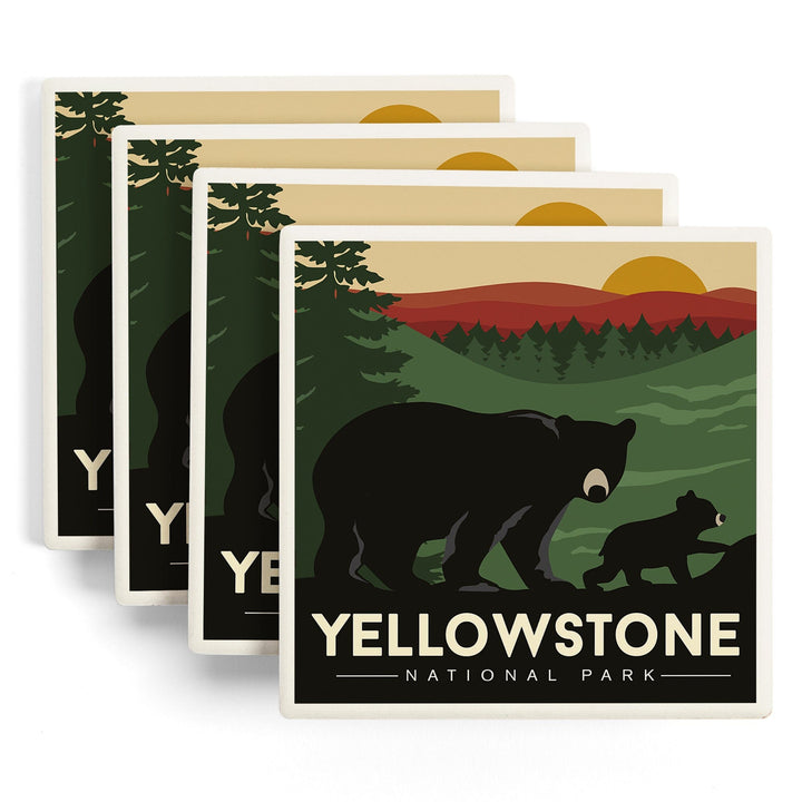 Yellowstone National Park, Wyoming, Black Bear & Cub, Lantern Press Artwork, Coaster Set Coasters Lantern Press 