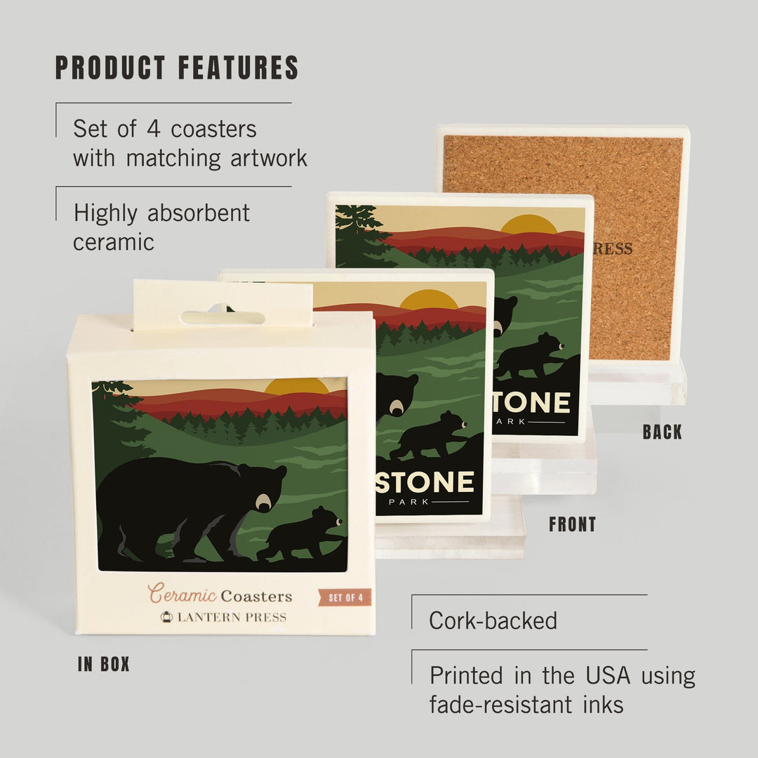 Yellowstone National Park, Wyoming, Black Bear & Cub, Lantern Press Artwork, Coaster Set Coasters Lantern Press 