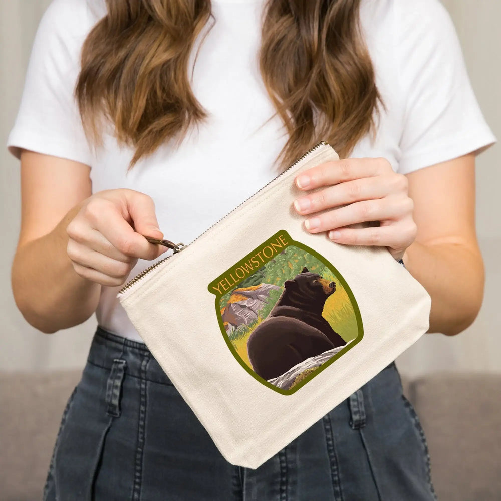 Yellowstone National Park, Wyoming, Black Bear in Forest,, Organic Cotton Zipper Pouch, Go Bag Go Bag Lantern Press 