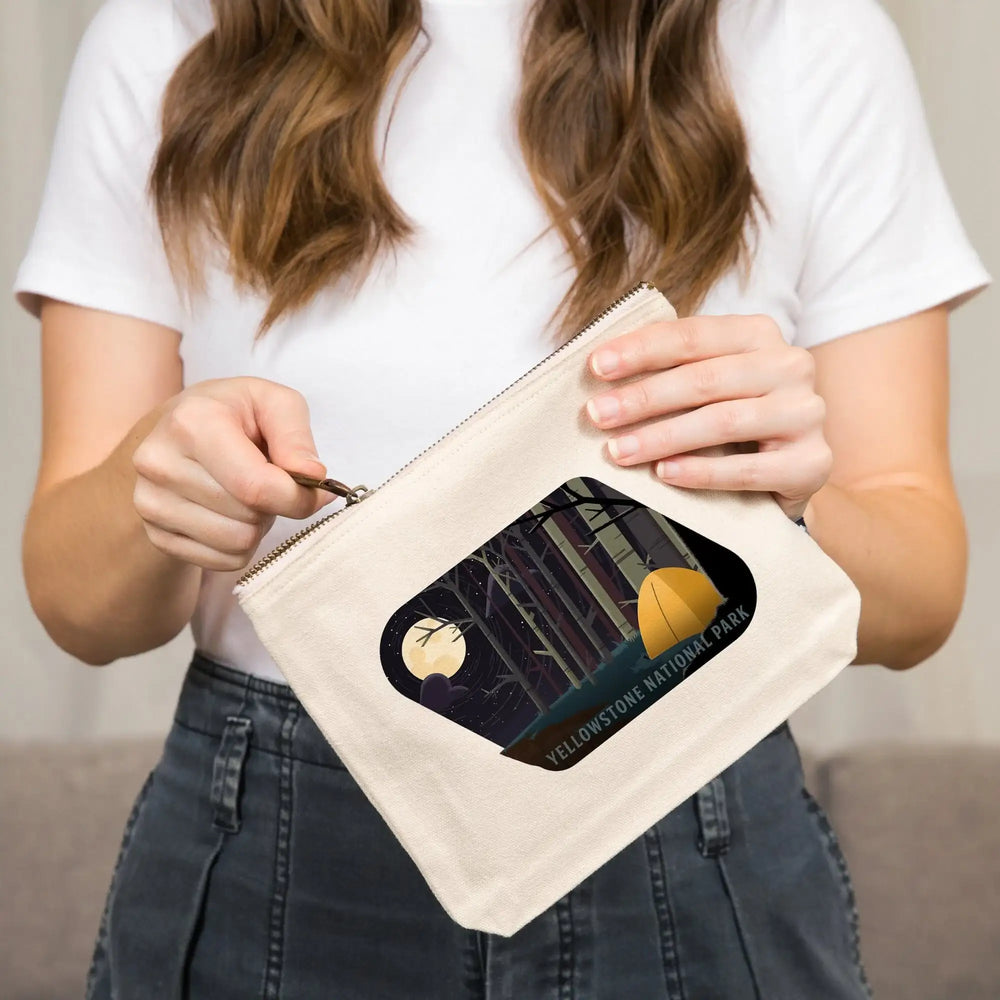 Yellowstone National Park, Wyoming, Camping by Cliffside, Pop Sky,, Organic Cotton Zipper Pouch, Go Bag Go Bag Lantern Press 
