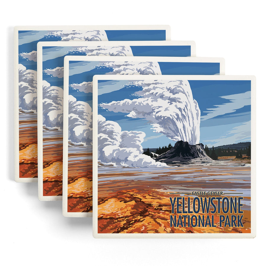 Yellowstone National Park, Wyoming, Castle Geyser, Lantern Press Artwork, Coaster Set Coasters Lantern Press 