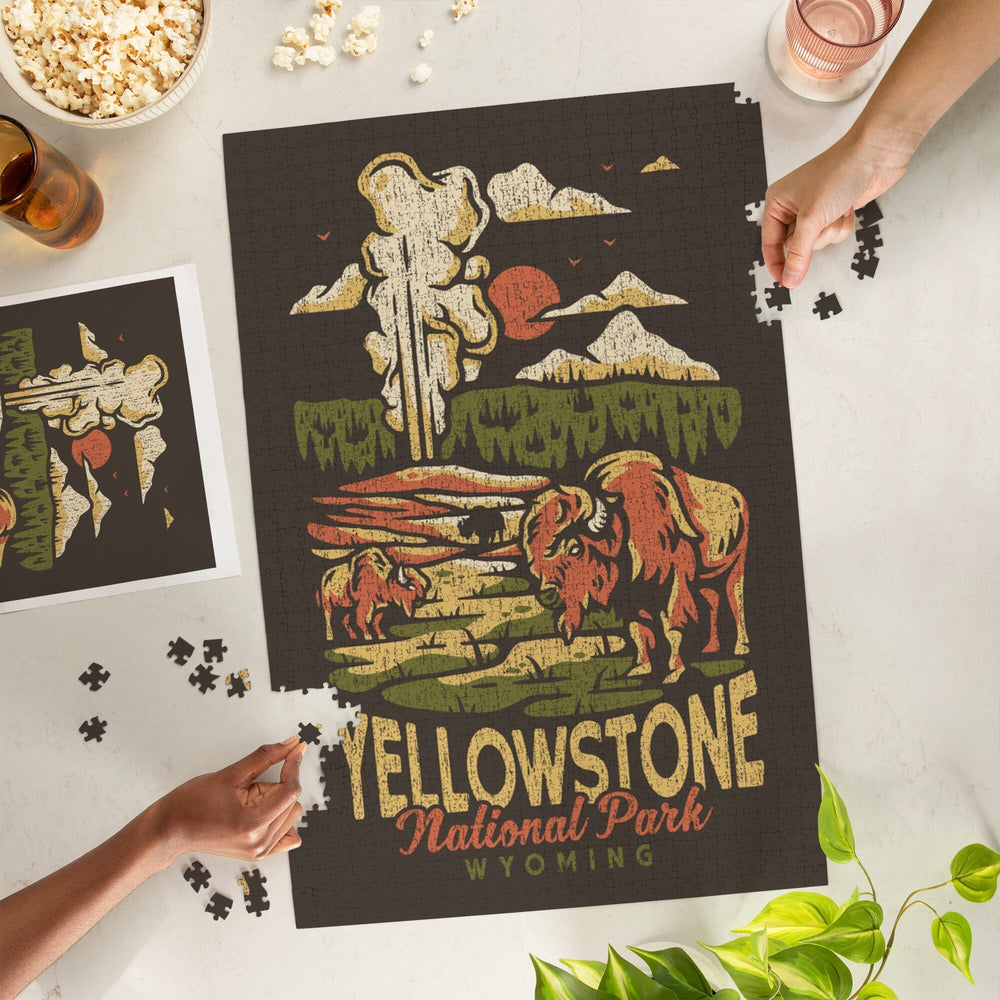 Yellowstone National Park, Wyoming, Distressed Mountain Scene, Jigsaw Puzzle Puzzle Lantern Press 
