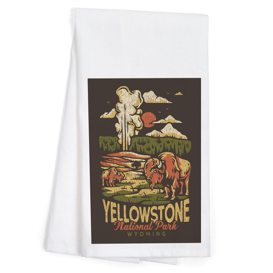 Yellowstone National Park, Wyoming, Distressed Mountain Scene, Organic Cotton Kitchen Tea Towels Kitchen Lantern Press 