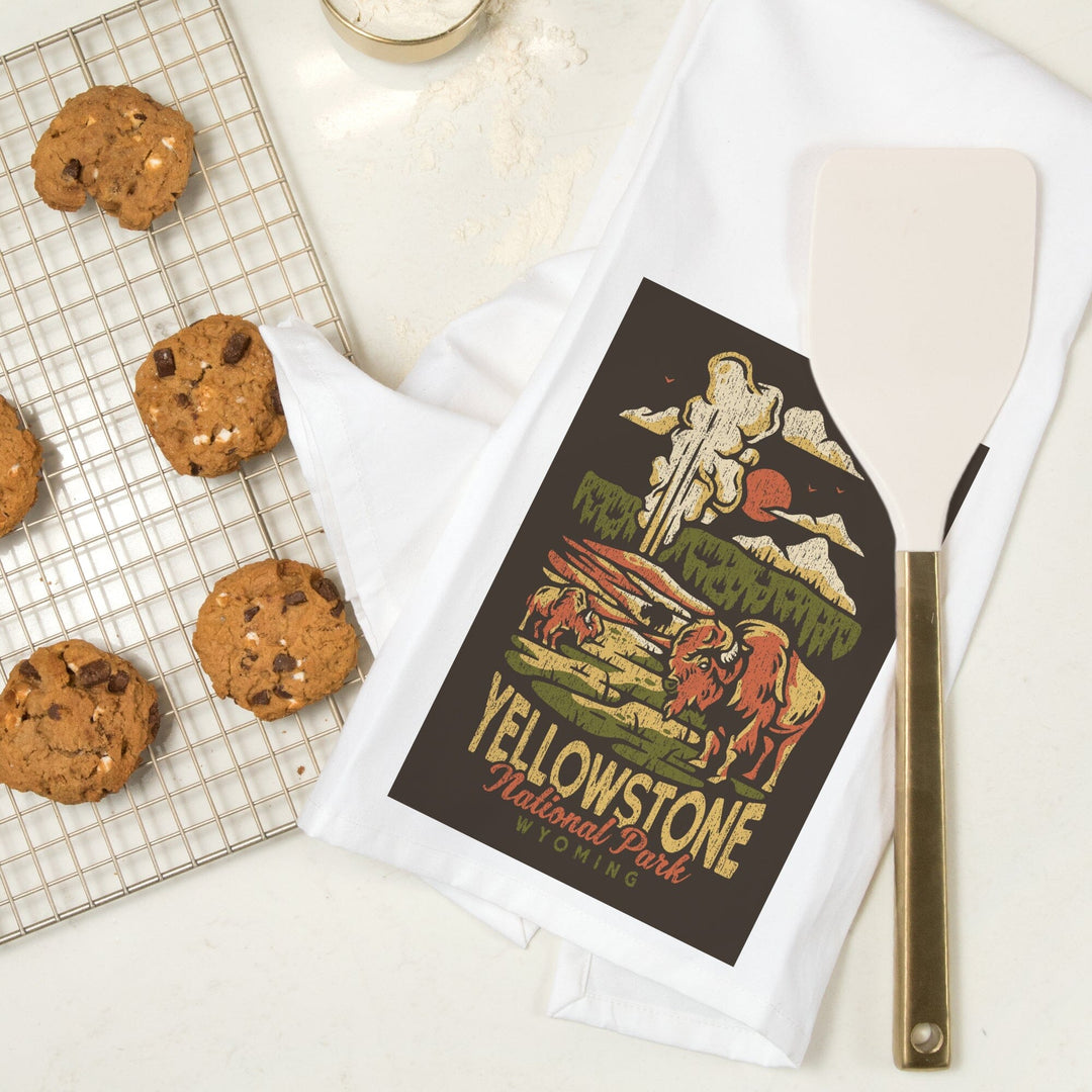 Yellowstone National Park, Wyoming, Distressed Mountain Scene, Organic Cotton Kitchen Tea Towels Kitchen Lantern Press 