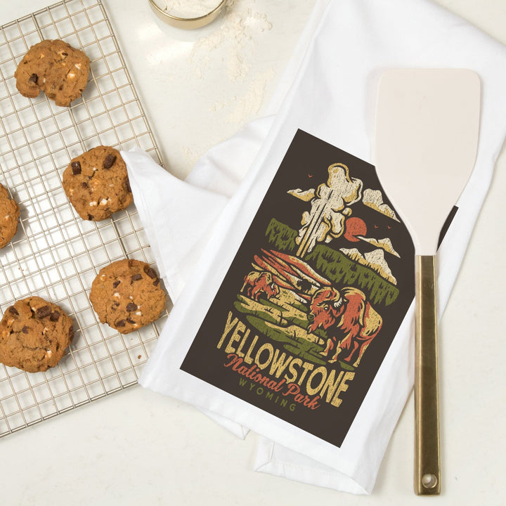 Yellowstone National Park, Wyoming, Distressed Mountain Scene, Organic Cotton Kitchen Tea Towels Kitchen Lantern Press 