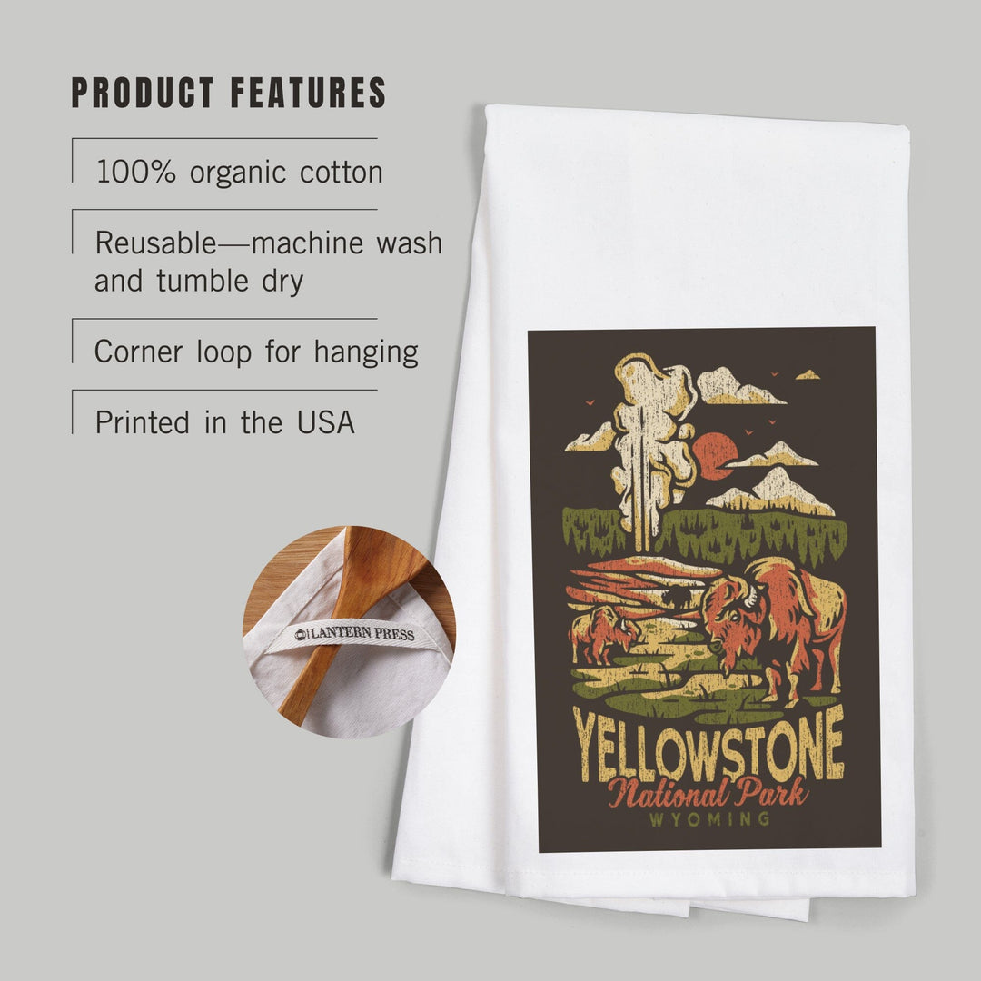 Yellowstone National Park, Wyoming, Distressed Mountain Scene, Organic Cotton Kitchen Tea Towels Kitchen Lantern Press 