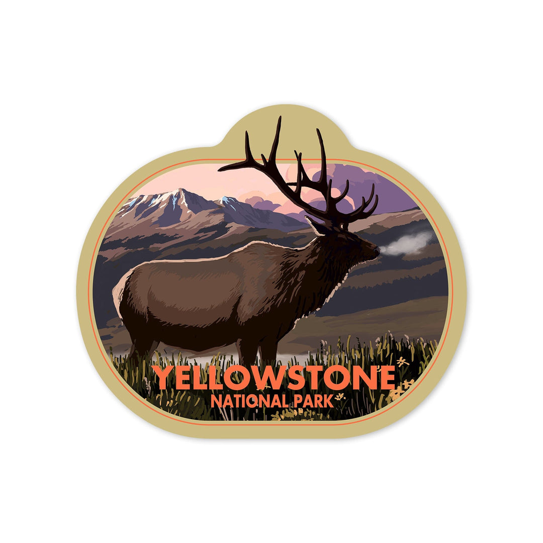 Yellowstone National Park, Wyoming, Elk and Sunset, Contour, Vinyl Sticker Sticker Lantern Press 