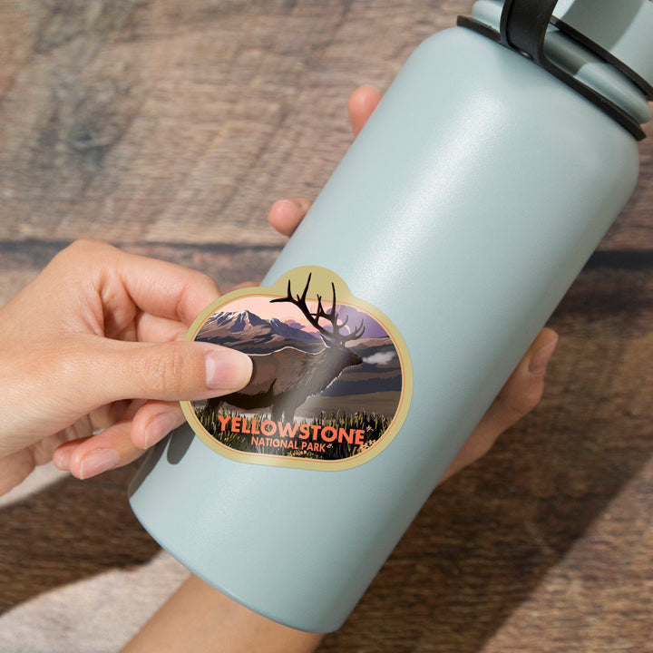 Yellowstone National Park, Wyoming, Elk and Sunset, Contour, Vinyl Sticker Sticker Lantern Press 