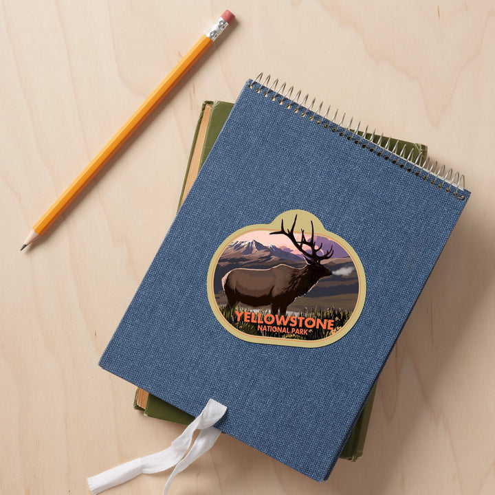 Yellowstone National Park, Wyoming, Elk and Sunset, Contour, Vinyl Sticker Sticker Lantern Press 