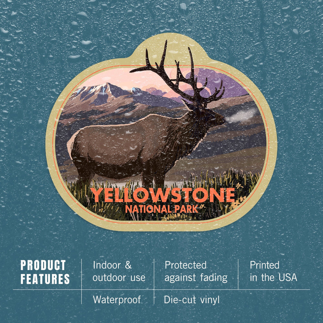 Yellowstone National Park, Wyoming, Elk and Sunset, Contour, Vinyl Sticker Sticker Lantern Press 