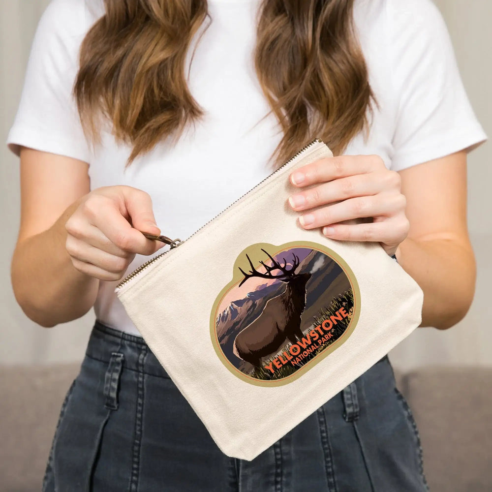 Yellowstone National Park, Wyoming, Elk and Sunset,, Organic Cotton Zipper Pouch, Go Bag Go Bag Lantern Press 