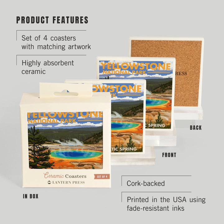 Yellowstone National Park, Wyoming, Grand Prismatic Spring, Lantern Press Artwork, Coaster Set Coasters Lantern Press 