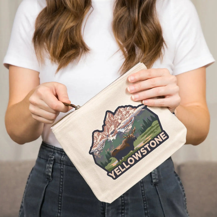 Yellowstone National Park, Wyoming, Moose and Mountains,, Organic Cotton Zipper Pouch, Go Bag Go Bag Lantern Press 